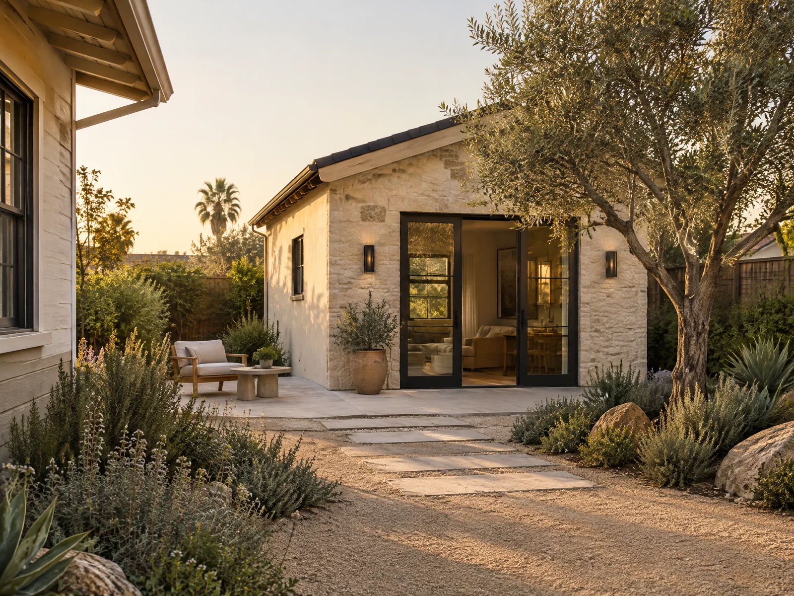 Illustrative architectural study of a detached backyard ADU with a planted courtyard in San Diego