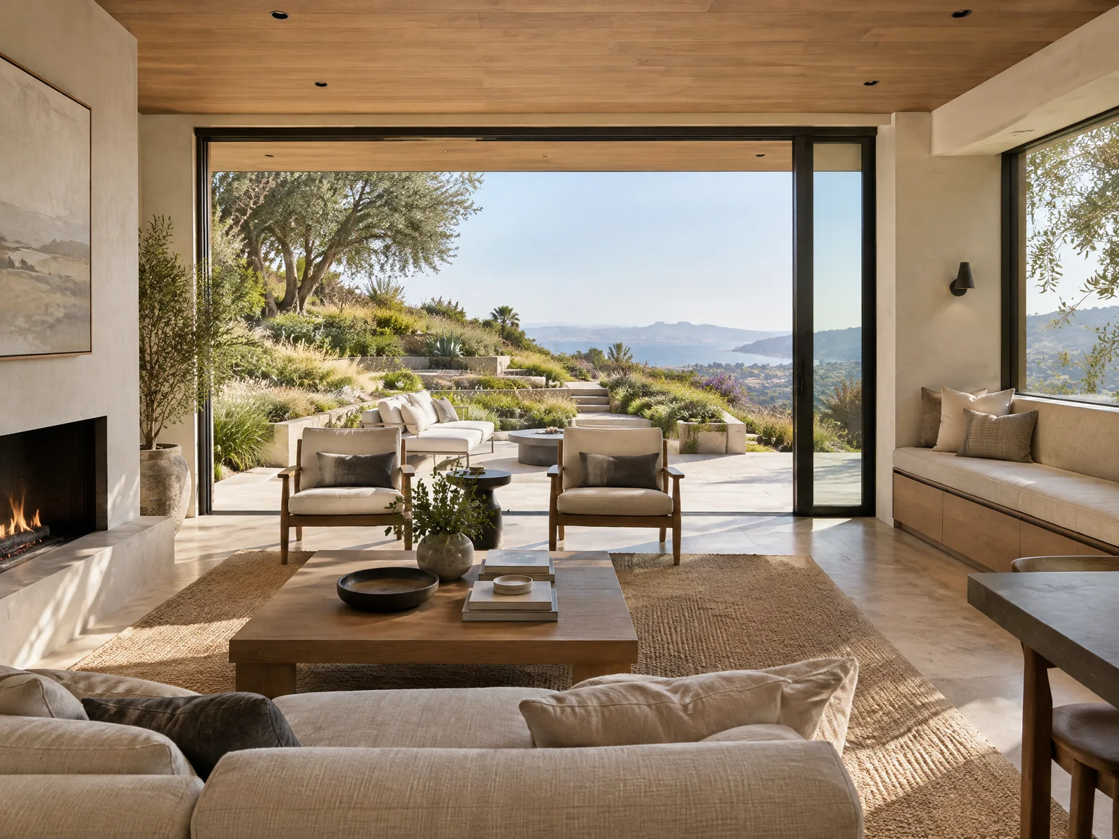 Illustrative architectural study of a custom home's living room opening to a Southern California garden